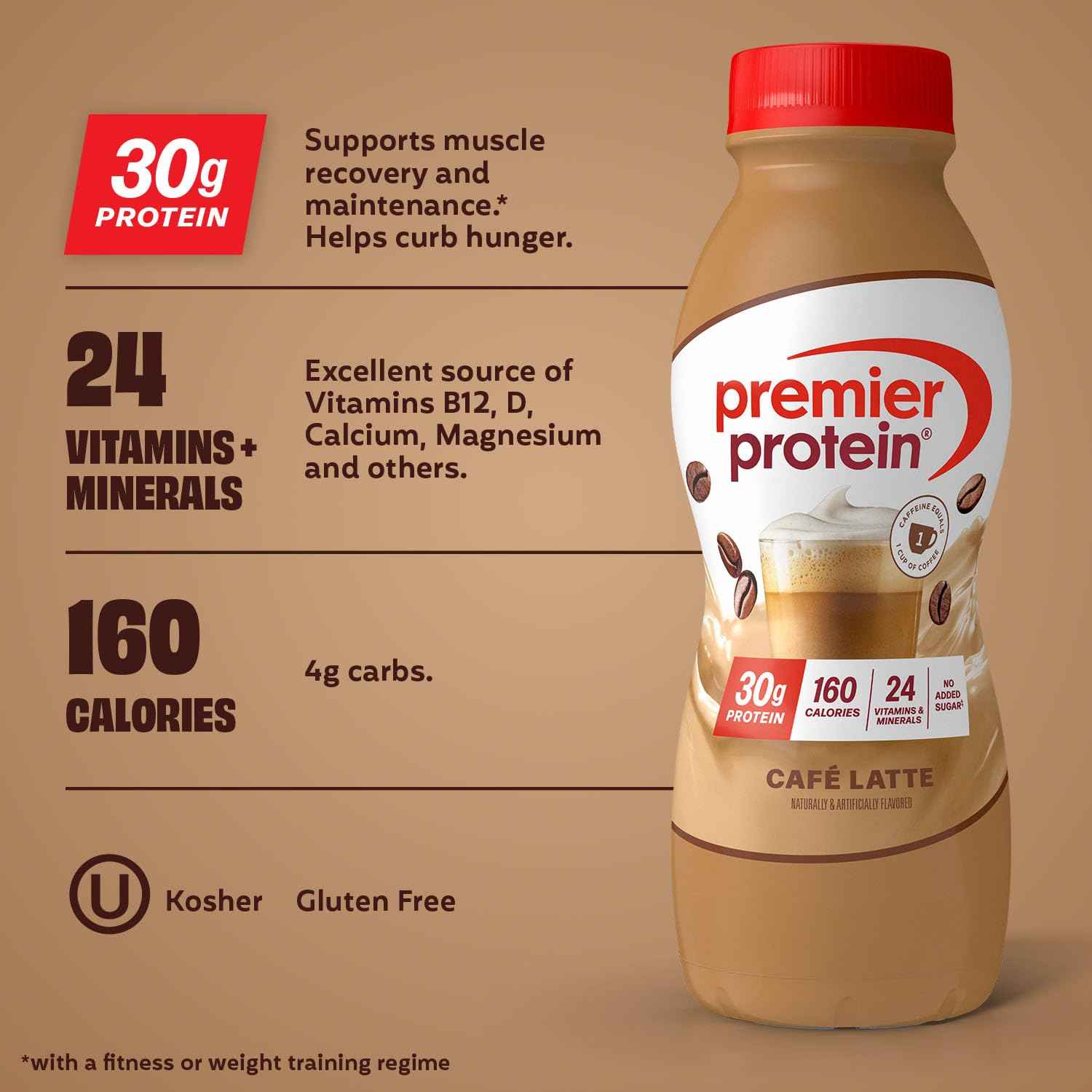 Premier Protein +Energy 30g High Protein Shake, Café Latte, 12 Pack
