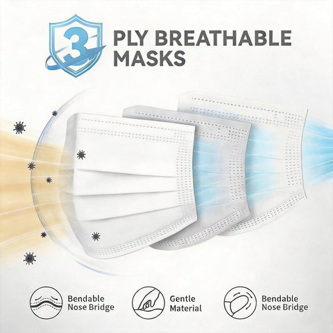 Disposable Face Masks 100 Pack, 3-Ply Breathable Masks with Soft Comfortable Earloops, Adjustable Nose Clip for Office, Travel, School & Public Use, White