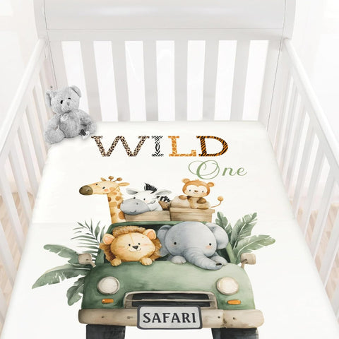 HawSkgFub Wild One Safari Animals Truck Fitted Standard Crib Sheet for Baby Boy Girl, Neutral African Jungle Animal Toddler Mattress Cover, Soft Stretchy Nursery Bed Sheets Decor Kids Gift 52 x 28