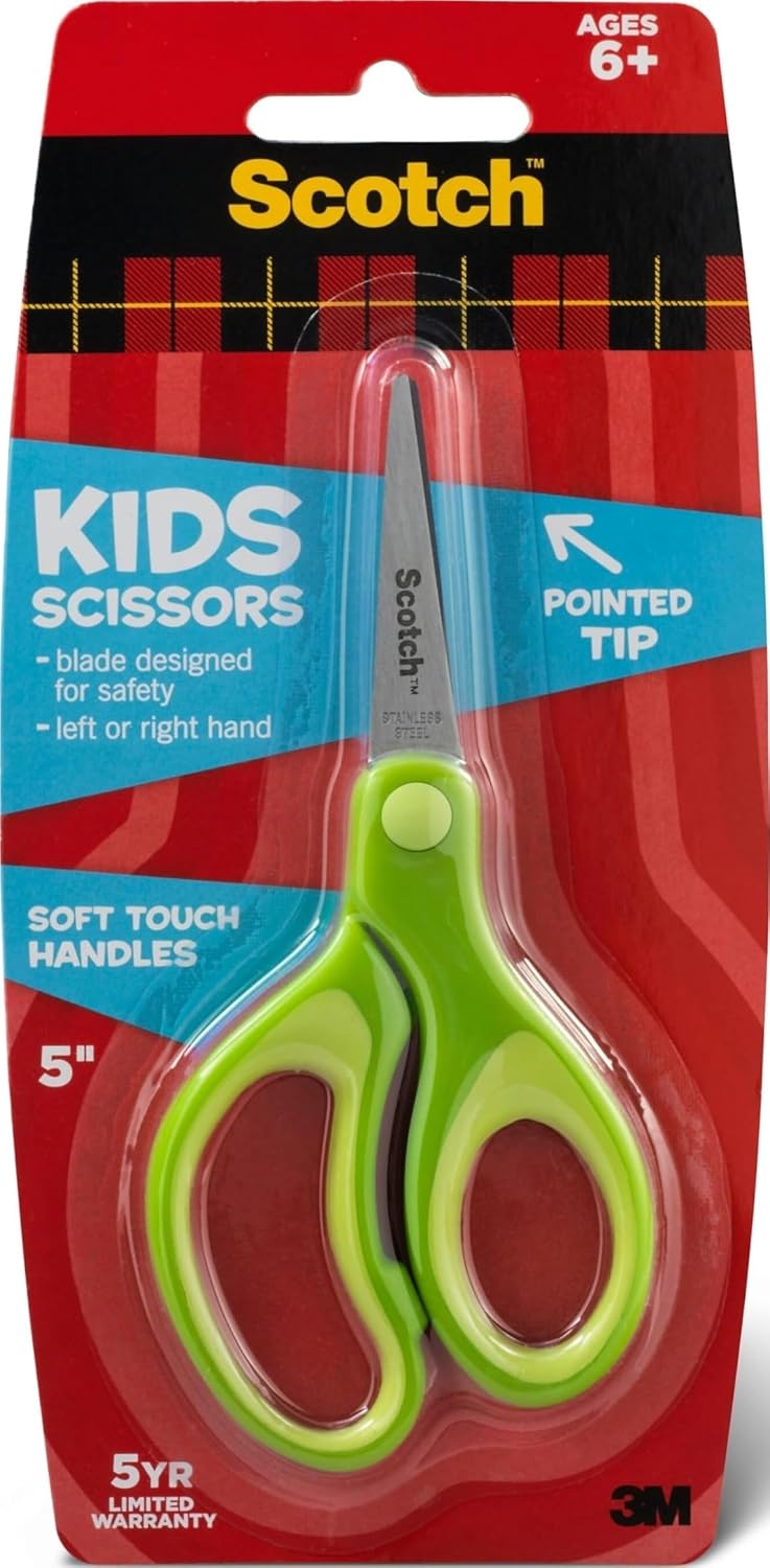 Scotch Kids Pointed Tip Scissors with Soft Touch, 5" (Colors may vary)