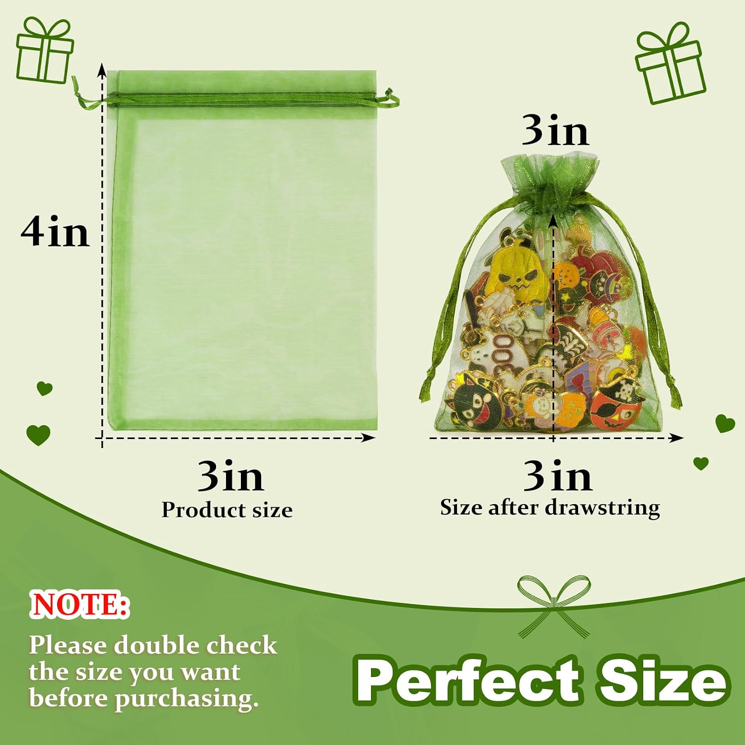 Crweety 50 Pcs Organza Bags 3x4, Green Small Mesh Gift Bags Drawstring Bulk