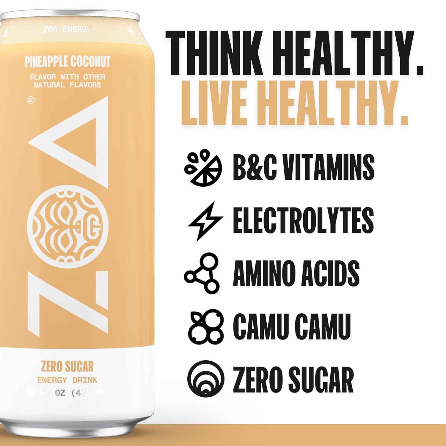 ZOA Zero Sugar Energy Drink, Pineapple Coconut, 12 Pack, 16 Fl Oz Cans | With Electrolytes, Vitamins B and C, supporting hydration with 210 mg plant based caffeine from green tea and green coffee