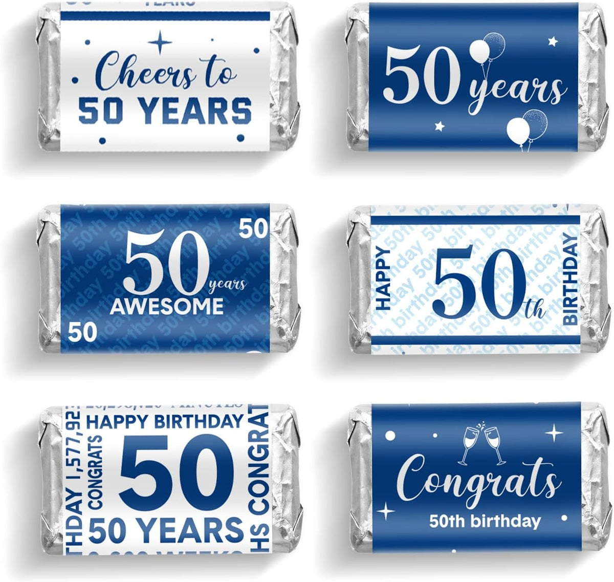 Tenare 90 Pcs 50th Birthday Candy Wrappers, Blue and Silver Stickers