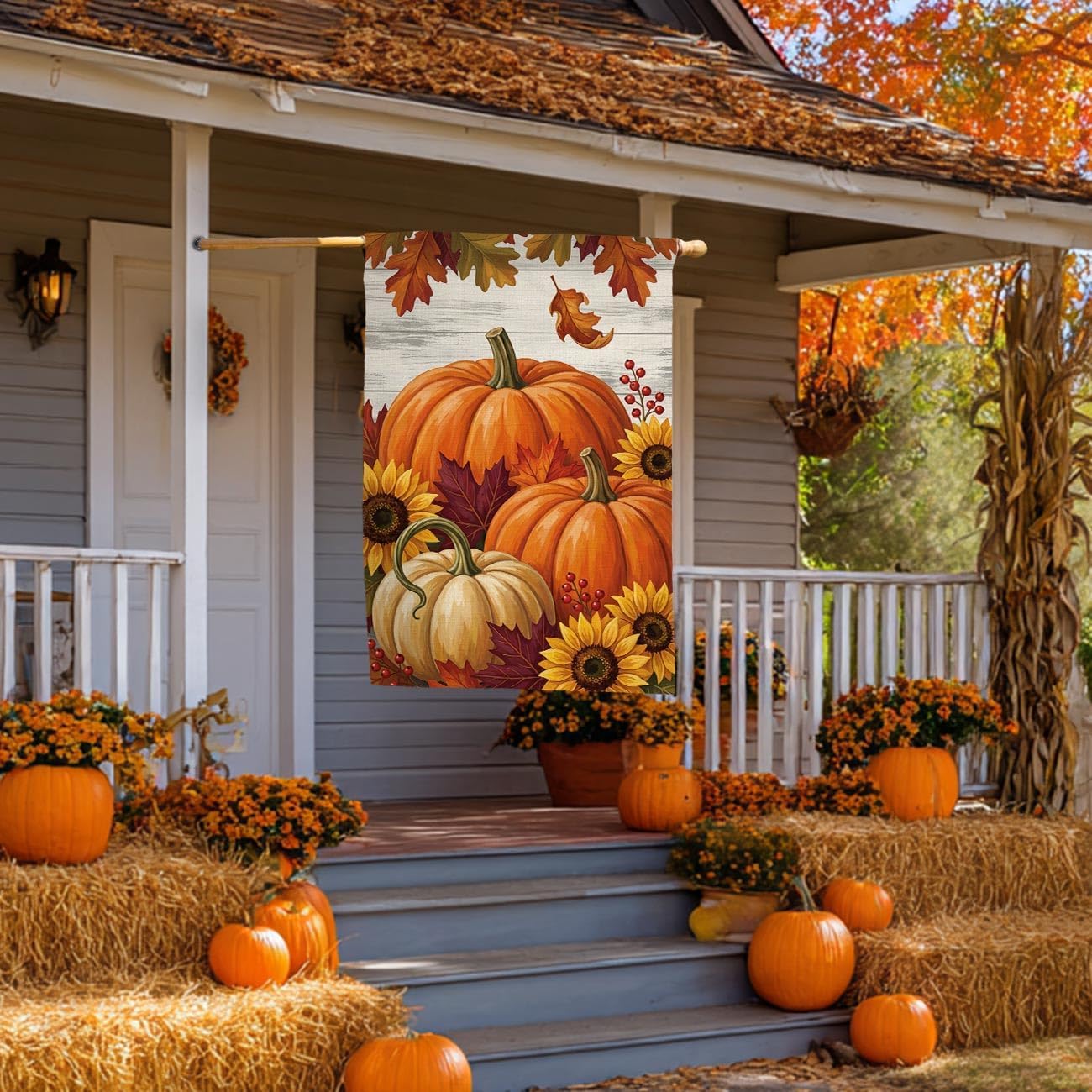 Fall Pumpkin Farmhouse House Flag 28x40 Sunflowers Maple Leaves Yard Decor