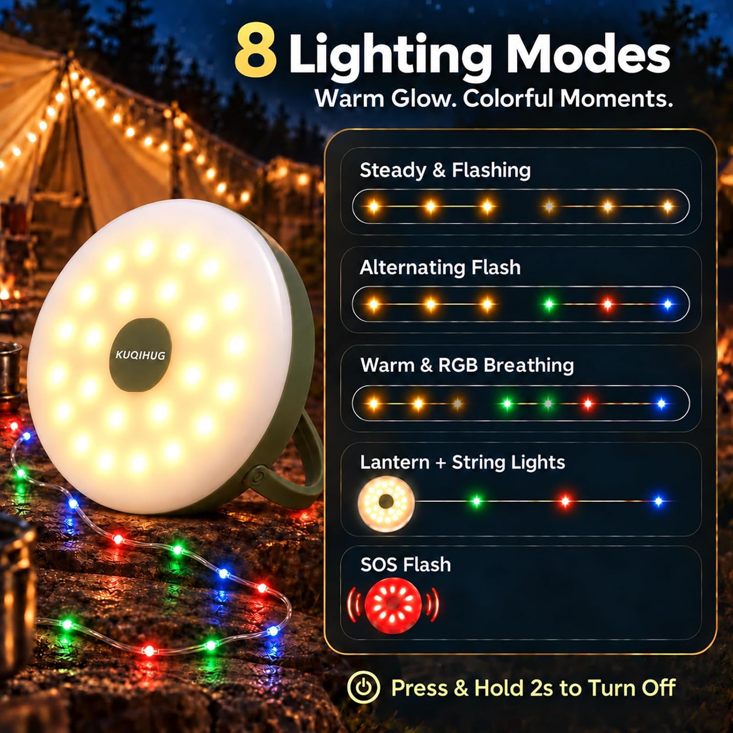 Camping String Lights, 32.8FT Rechargeable with Storage Reel, 8 Modes