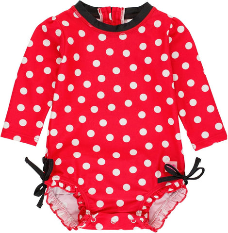 RuffleButts Baby Girl Polka Dot Rash Guard - UPF 50+ Swimsuit
