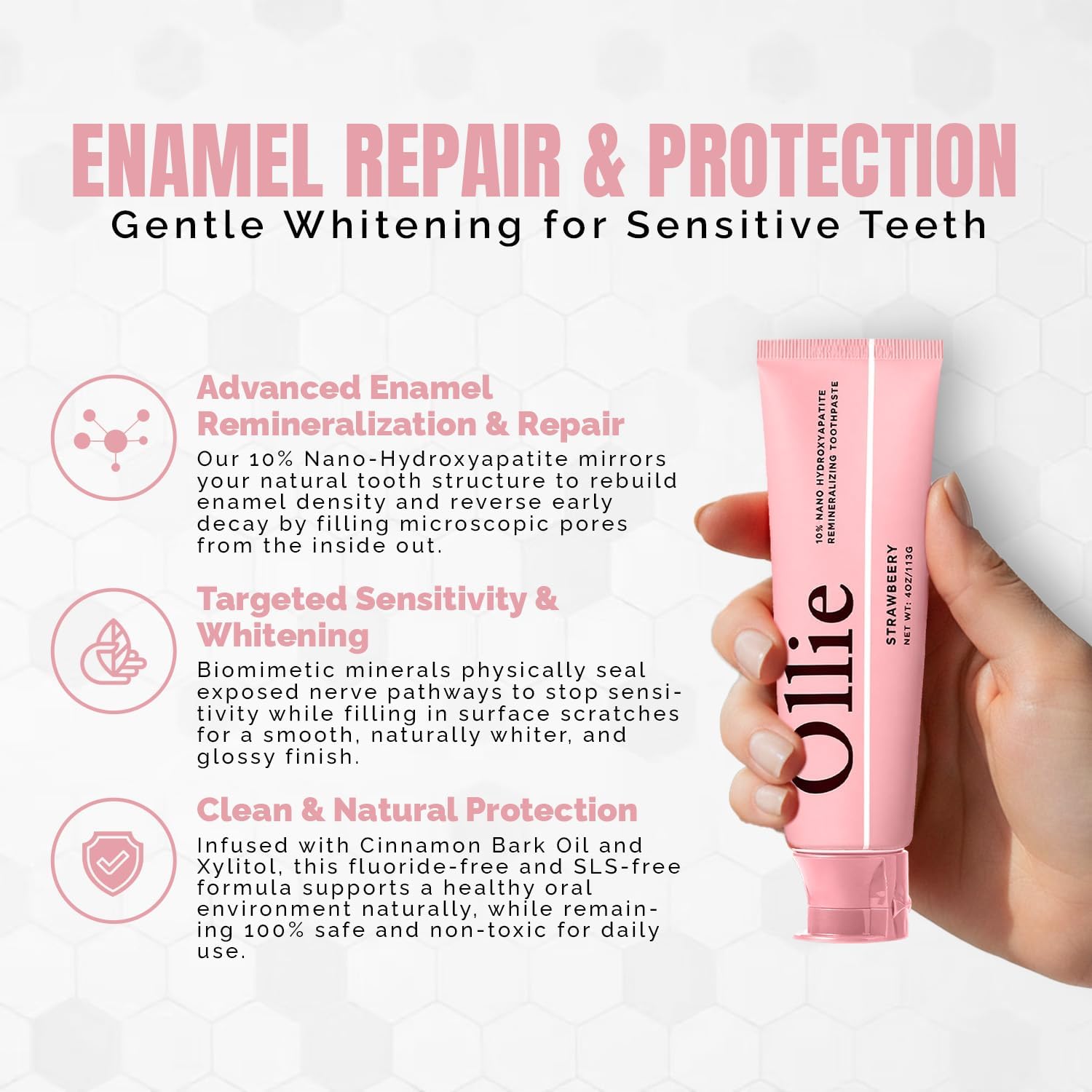 Ollie Fluoride Free 10% Nano Hydroxyapatite Toothpaste, Strawberry, 2 Pack
