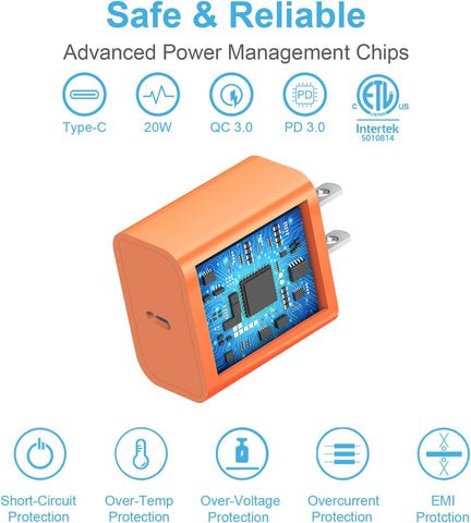 for iPhone 17 16 15 Charger Fast Charging 10FT Cable 20W USBC Cube Orange