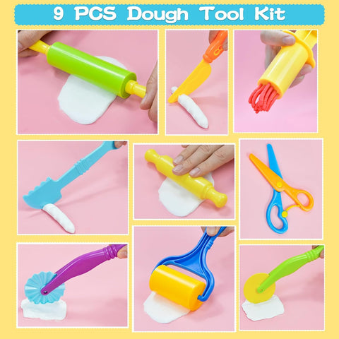LCY WEDSHI Dough Tool Set, 9 Pcs Dough Tools Sets for Kids Ages 4-8, Dough Accessories Includes Cutters Roller, Rolling Pins, Safety Scissors, Plastic Knife, Plastic Rollers