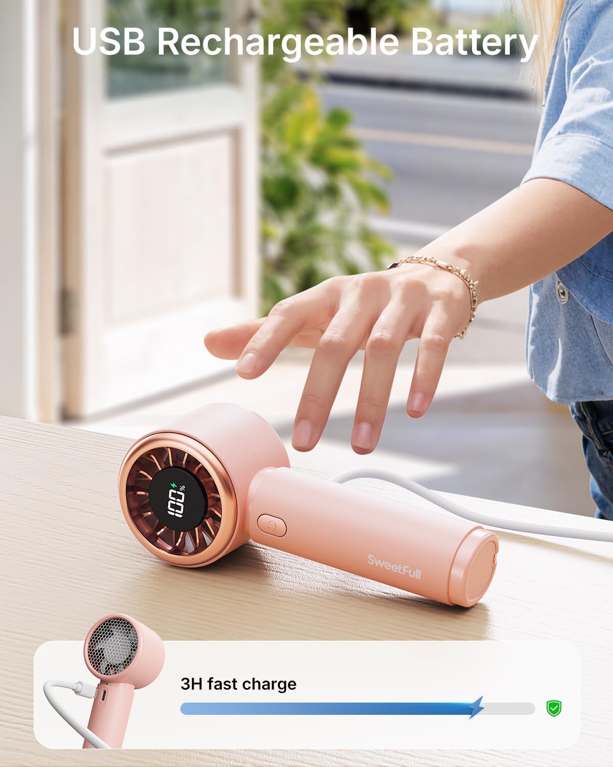 SWEETFULL Portable Handheld Fan, Mini Rechargeable Personal Hand Fan