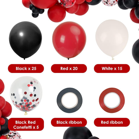 RUBFAC Red and Black Balloons Graduation Decorations Kit, White and Confetti Balloon 65pcs 12in, Party Balloons for Birthday, Stranger Things or Casino Theme Party Decorations