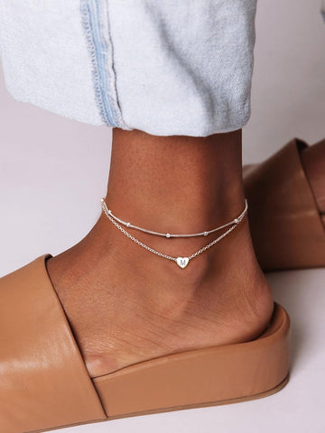 ChicSilver Sterling Silver Anklets for Women 925 Ankle Bracelets for Women Layered Heart Anklet With Beaded Anklets for Women