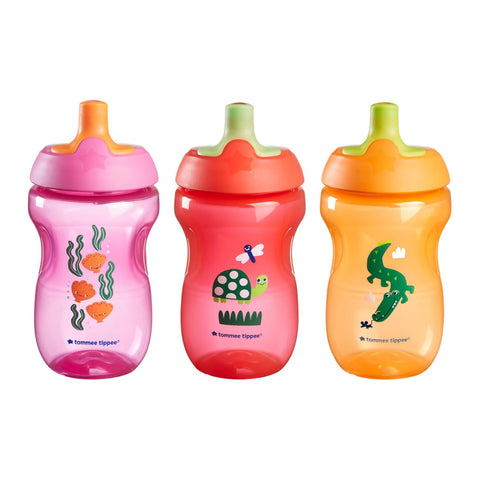 Tommee Tippee Sporty Bottle, 10oz Sippy Cups for Toddlers 1-3, Spill-Proof, Bite Resistant Spout, Easy to Hold Design, BPA Free, Pack of 3, Pink, Red and Orange