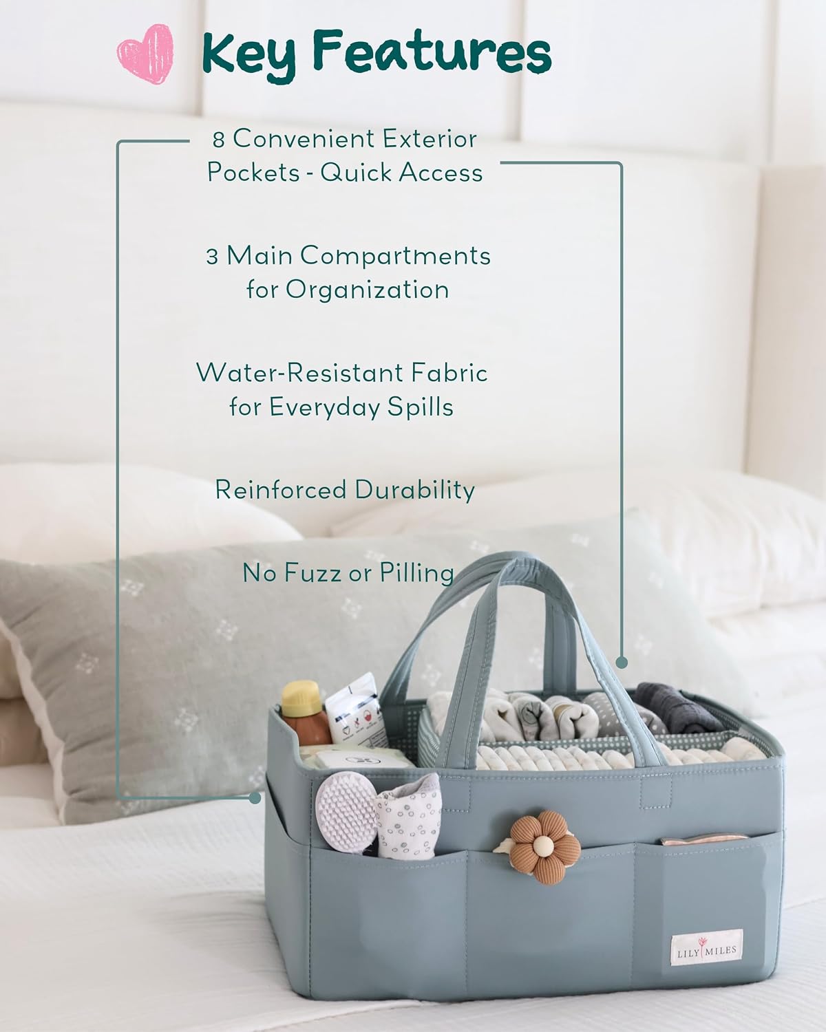 Lily Miles Baby Diaper Caddy Organizer, Wipeable Diaper Organizer Basket with 8 Pockets for Newborn Essentials, Nursery Tote Bag for Changing Table & Car Organization (Willow Green, Large)