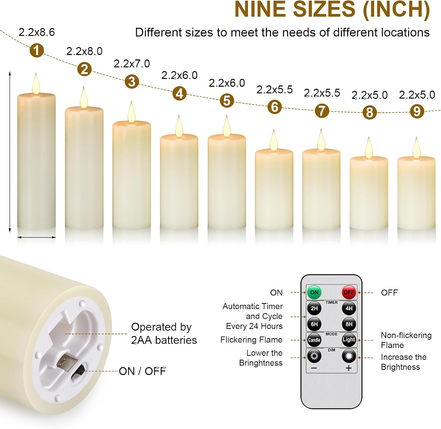 Flameless Battery Operated LED Candles 3D Wick 24-Hour Remote Control Timer