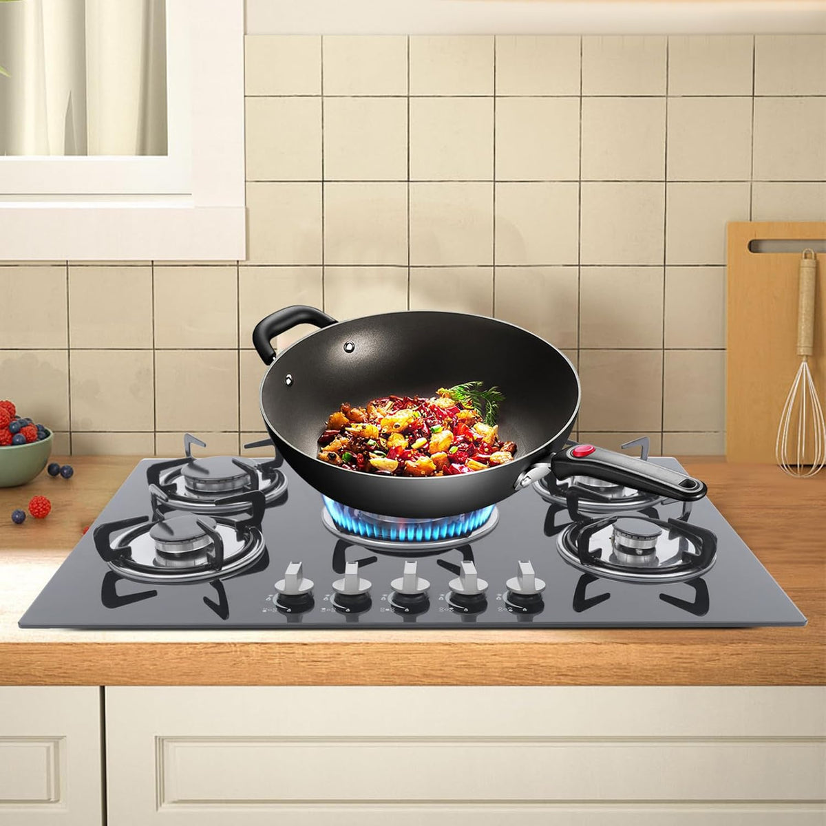 30" Built-in Gas Cooktop 5 Burner, Tempered Glass LPG/NG Dual Fuel, High Efficiency Stove with Easy-Clean Surface for Home & Commercial Use
