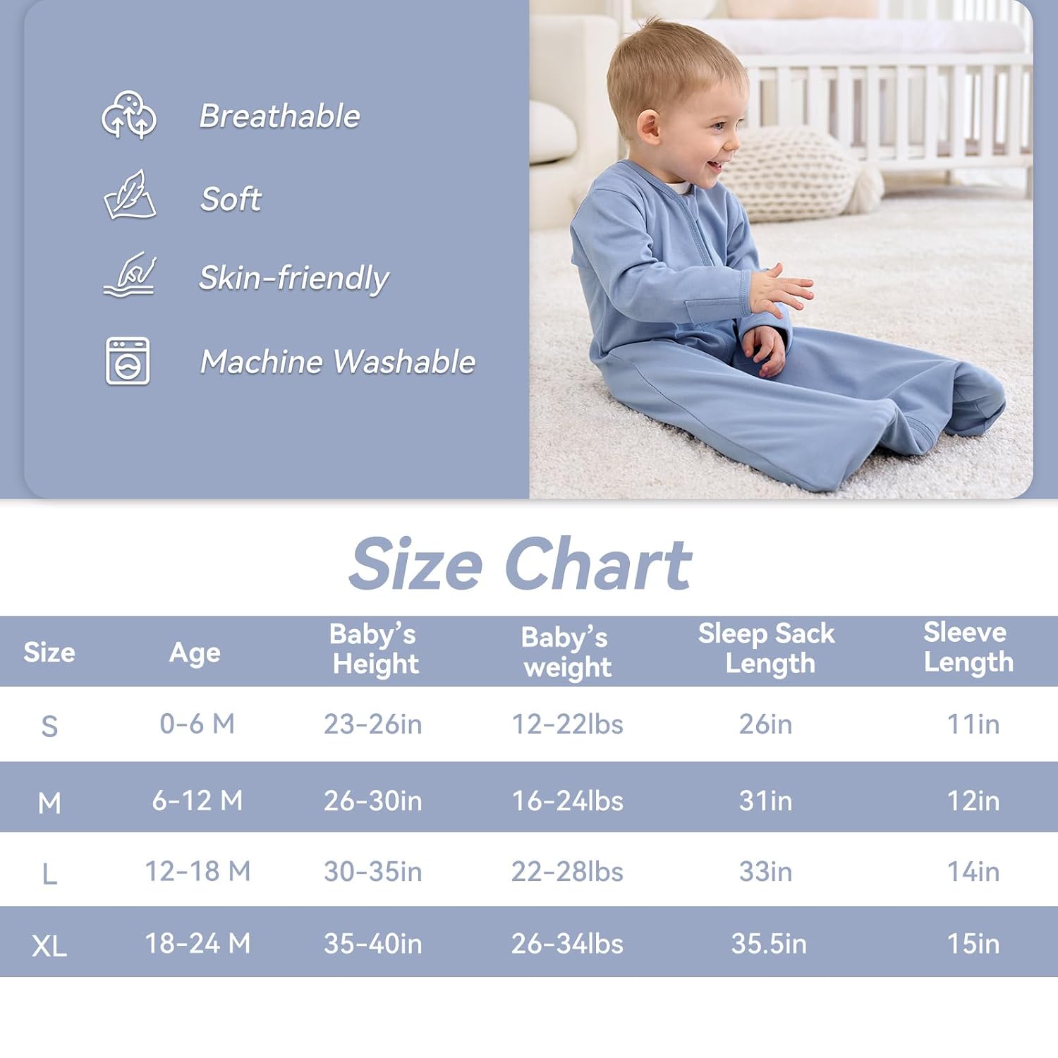 Baby Sleep Sack 0-6 Months, Long Sleeve Baby Wearable Blanket 0.5 Tog with Mittens, 2-Way Zipper Newborn Cotton Sleeping Sack for Boy and Girl Blue Whale 2 Pack (Small)