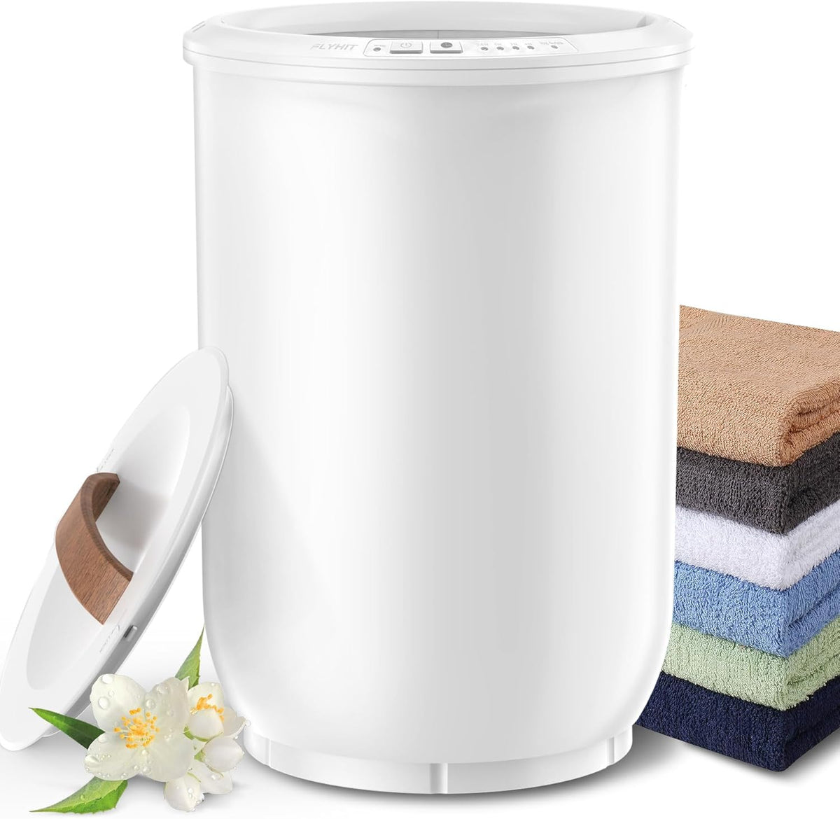FLYHIT Large Towel Warmer for Bathroom - Heated Towel Warmers Bucket, Wood Handle, Auto Shut Off, Fits Up to Two 40"X70" Oversized Towels, Bathrobes, Blankets, for Mother's Gifts, White