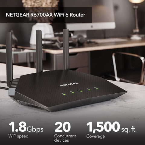 NETGEAR 4-Stream WiFi 6 Router (R6700AX) – Security Features, AX1800 Wireless Speed (Up to 1.8 Gbps), Covers up to 1,500 sq. ft., 20 devices