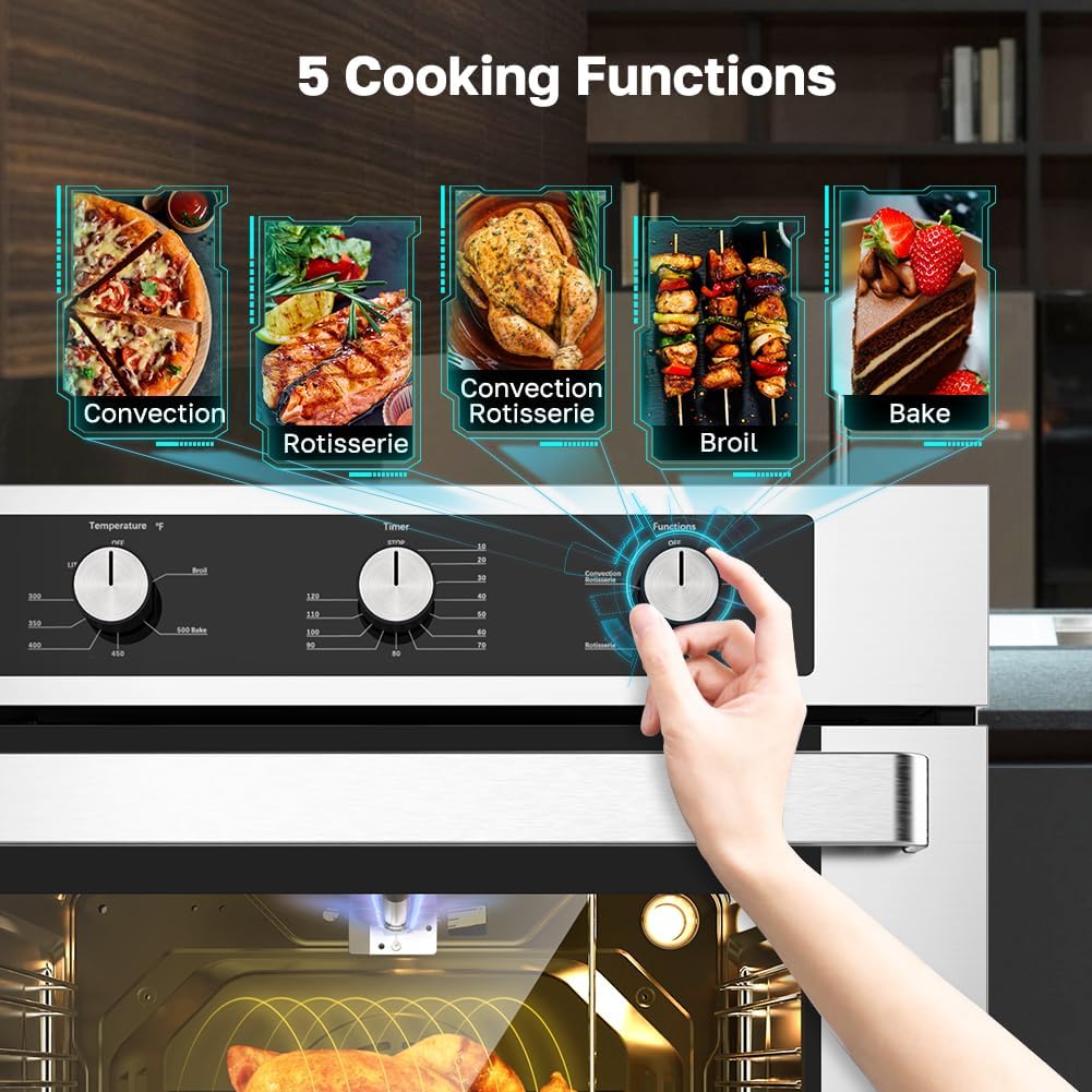 ThermoMate 24 Inch Gas Wall Oven, ETL Certified, Natural Gas Oven with Bake Broil Rotisserie Functions, 2.12 Cu.Ft, Convenction Fan, Timer, 120V Cord Plug, Stainless Steel