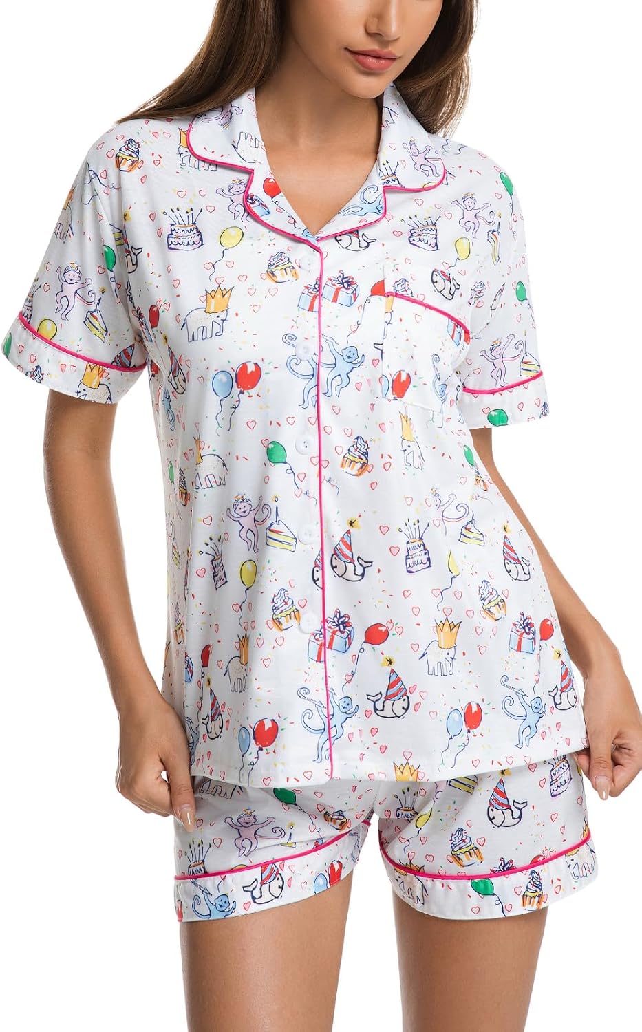 Womens Pajamas Set Shorts Button Down 2 Piece Monkey Bunny Y2k Roller Dupes Rabbit Preppy Lounge Pjs Comfy Sleep Wear