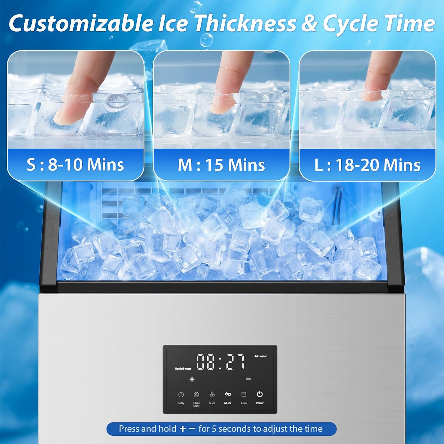 Commercial Ice Maker Machine, 150lbs/24H Stainless Steel Under Counter ice Machine with 55 Ice Cubes, Self-Priming Gallon Water& Facuet Water Inlet, Self Clean,45LB Storage Bin for Bar, Garage, Home