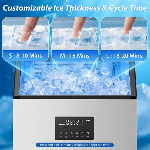 Commercial Ice Maker Machine, 150lbs/24H Stainless Steel Under Counter ice Machine with 55 Ice Cubes, Self-Priming Gallon Water& Facuet Water Inlet, Self Clean,45LB Storage Bin for Bar, Garage, Home