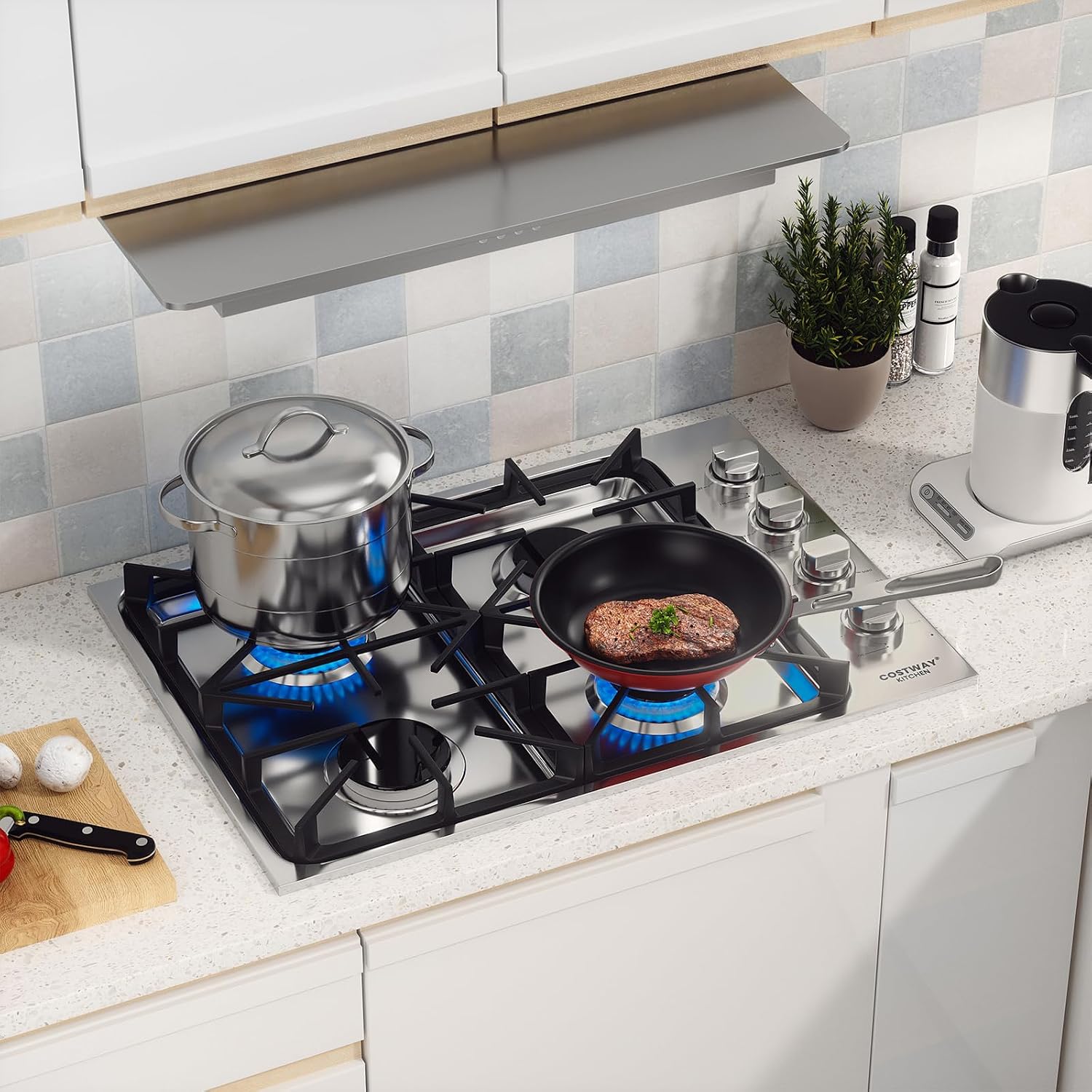 COSTWAY 30-inch Gas Cooktop, Stainless Steel Stove Top with 4 Burners, ABS Knobs and Cast Iron Grates, NG/LP G Convertible Gas Range Top with Sealed Burners for Kitchen, Easy to Clean, Silver