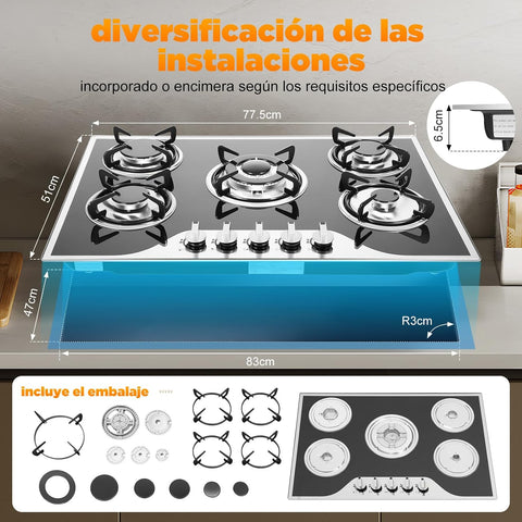 5 Burners Gas Stove top, 30 Inch Steel Built-in Gas Cooktop Natural, Stainless Steel Countertop Built-in w/Thermocouple Protection for Home Indoor Kitchen Restaurant (30 inch)