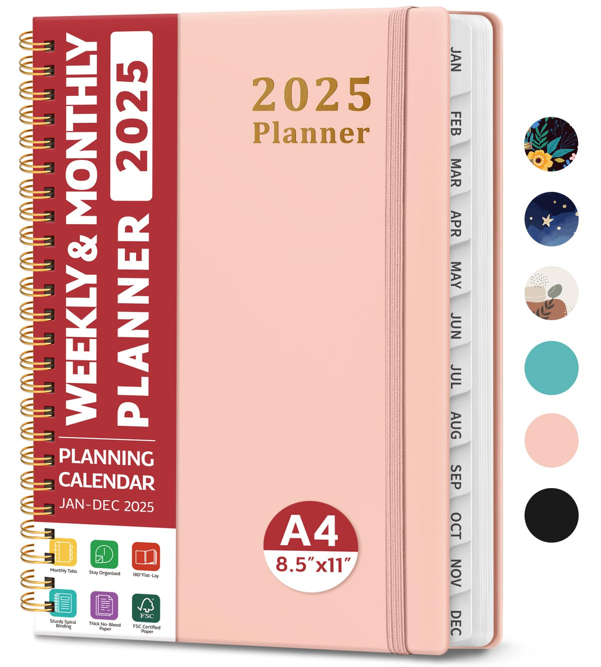 2025 Planner - Weekly and Monthly Planner Spiral Bound, January 2025 - December 2025, Hardcover 2025 Calendar Planner Book with Tabs, Inner Pocket, Perfect for Office Home School Supplies - A4 (8.5" x 11"), Pink