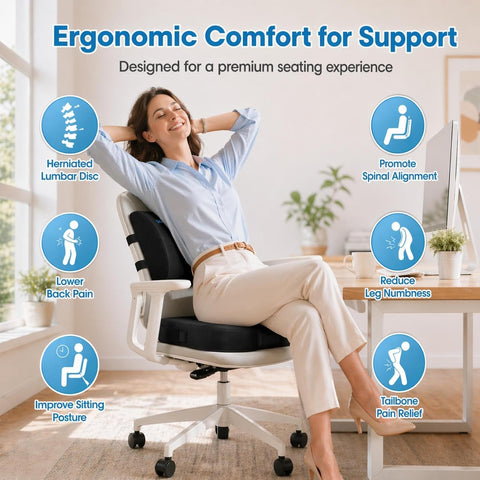 CloudBliss Ergonomic Seat Cushion & Lumbar Support Pillow Set, Black,Large