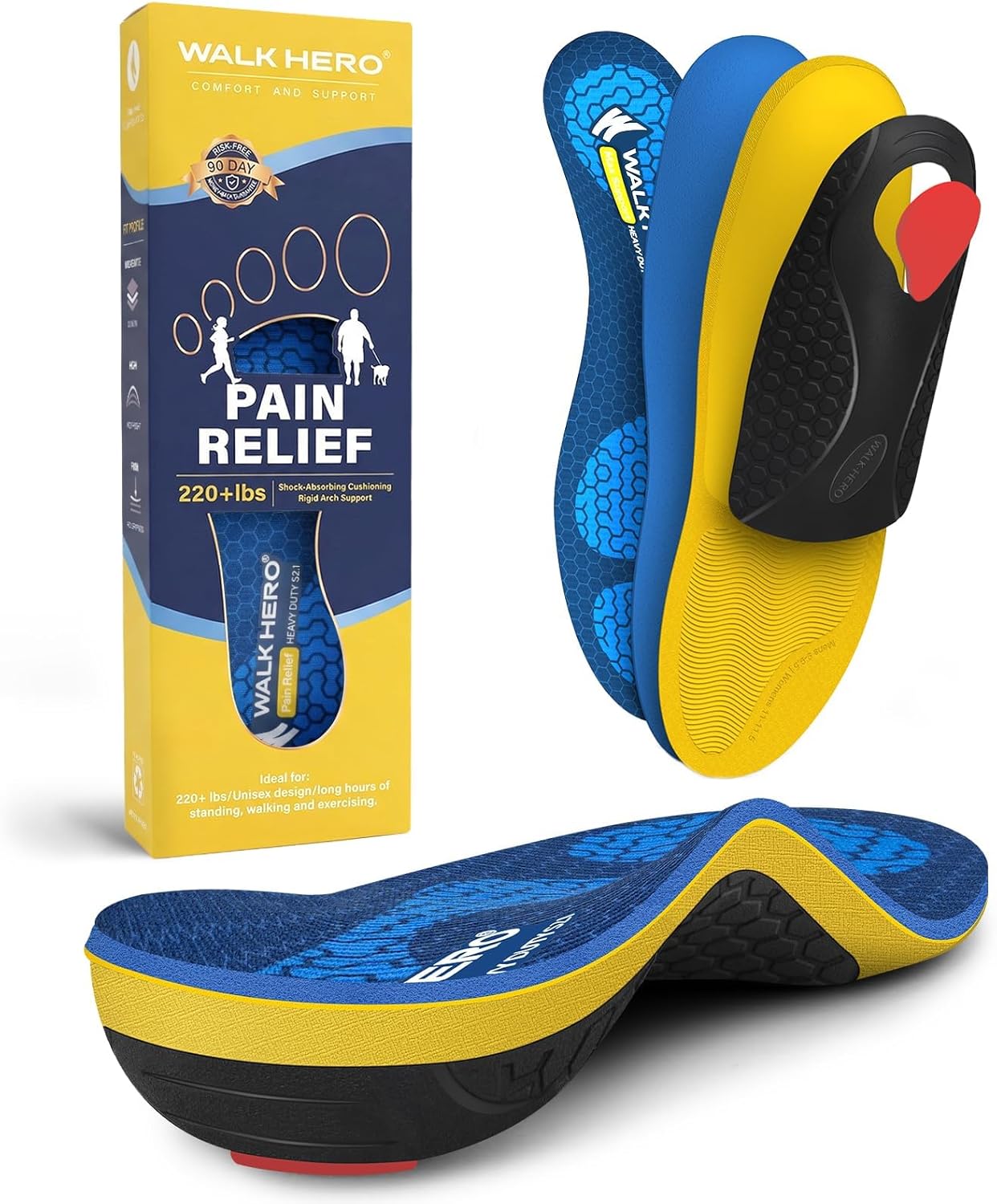 WalkHero 220+lbs Pain Relief Insoles, High Arch Support Inserts Women Men