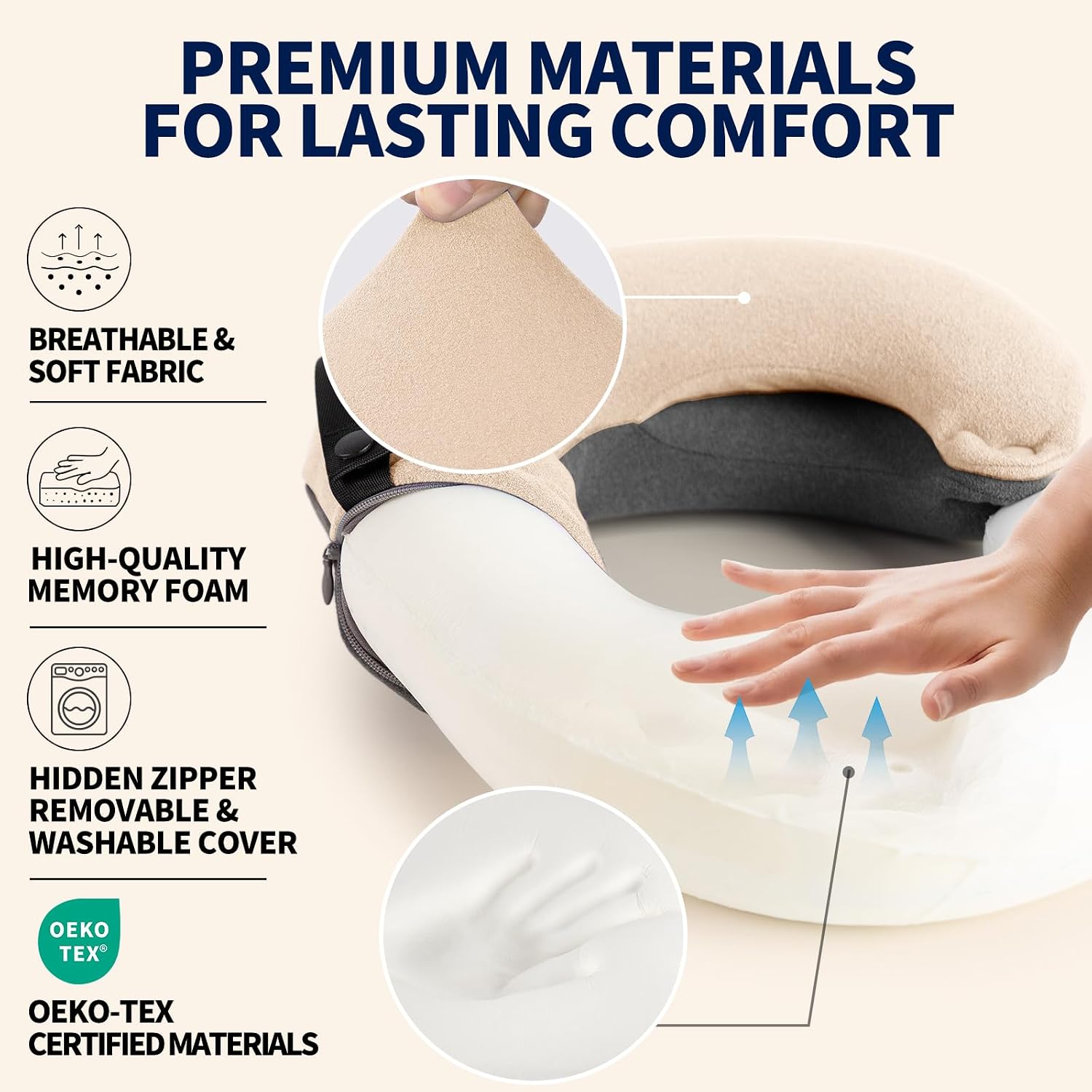 BUYUE Travel Neck Pillows for Airplanes, Memory Foam 360° Head Support Sleep for Long Flight, Skin-Friendly & Breathable, Kit with Eye Mask, Earplugs and Storage Bag (Adult, Beige, 90+ lbs)