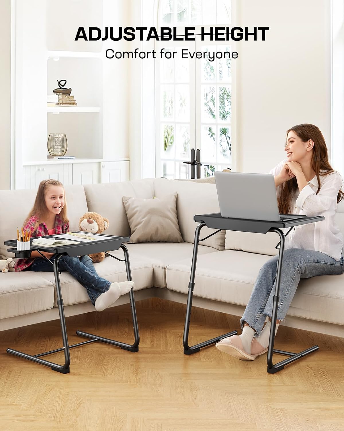 LORYERGO TV Tray Table Set of 2, 6 Height & 3 Tilt Adjustments, Black