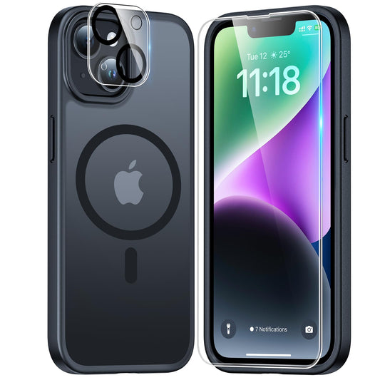 TAURI 5 in 1 Magnetic for iPhone 14 Case Frosted Black, [Designed for Magsafe] with 2X Screen Protectors +2X Camera Lens Protectors, Shockproof Slim Translucent Matte Case for iPhone 14, 6.1"