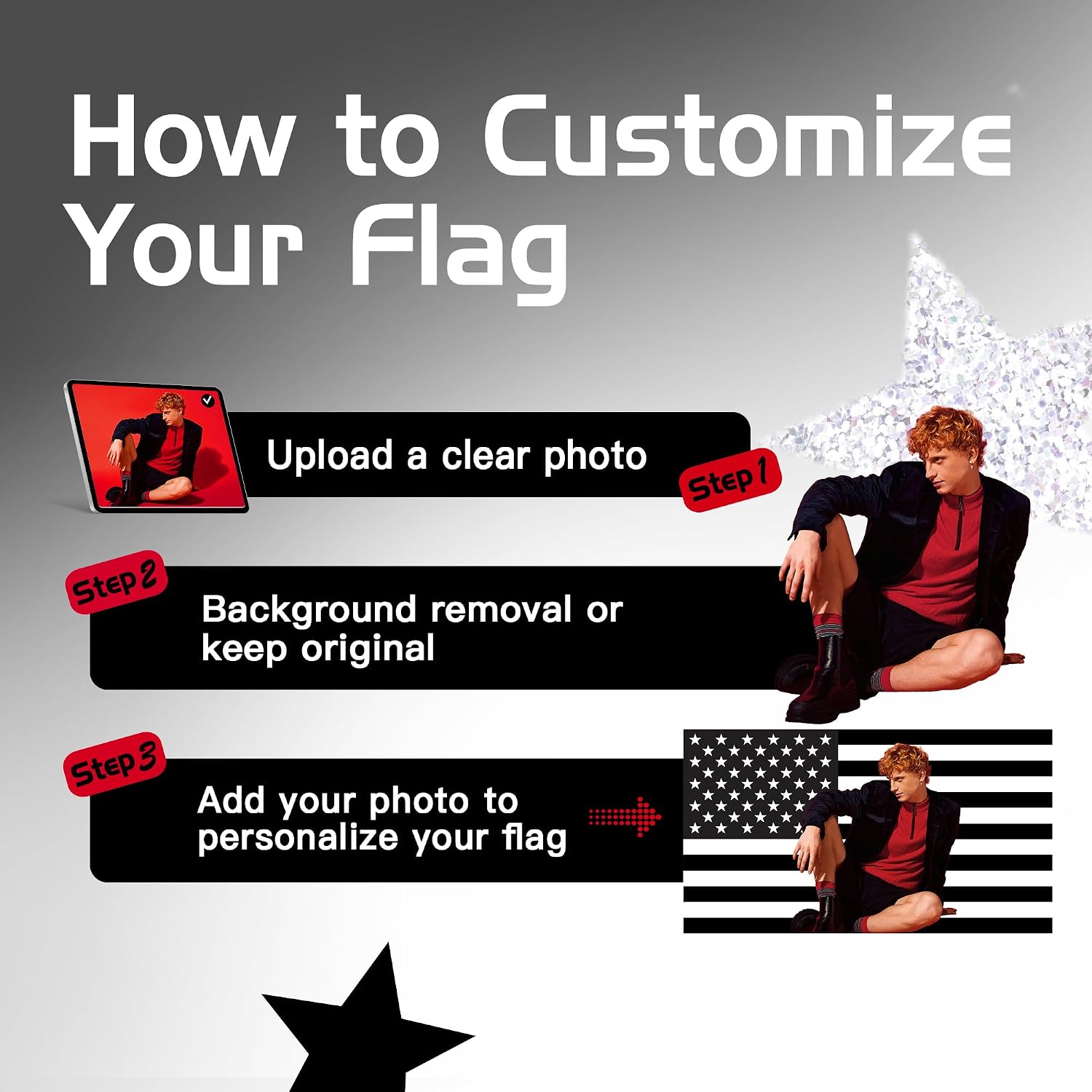 Custom Black and White American US Flag with Picture, Personalized Funny Flags with Face Image Logo Photo Text Single Sided Customized Flag Tapestry for Bedroom Dorm Room Decor Garden, 2x3 3x5 4x6 5x8 Ft