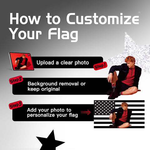 Custom Black and White American US Flag with Picture, Personalized Funny Flags with Face Image Logo Photo Text Single Sided Customized Flag Tapestry for Bedroom Dorm Room Decor Garden, 2x3 3x5 4x6 5x8 Ft