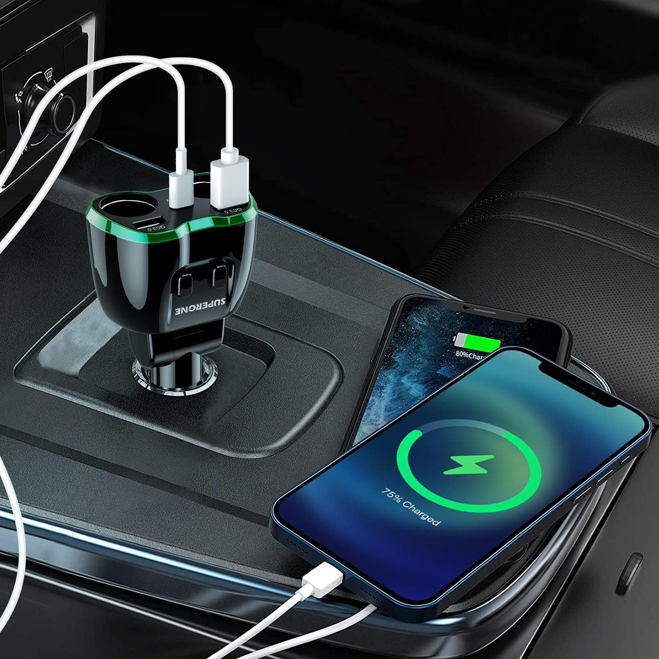 SUPERONE 180W 2-Socket Cigarette Lighter Splitter with QC3.0 & 20W PD USB C