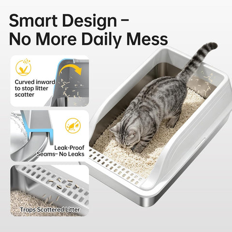 High-Sided Stainless Steel XL Cat Litter Box for Cats