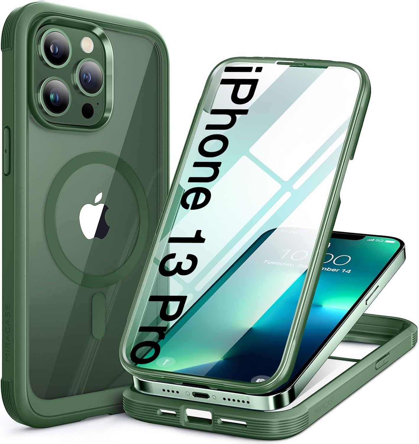 Miracase for iPhone 13 Pro Case 6.1",Built-in Glass Screen Protector,Green