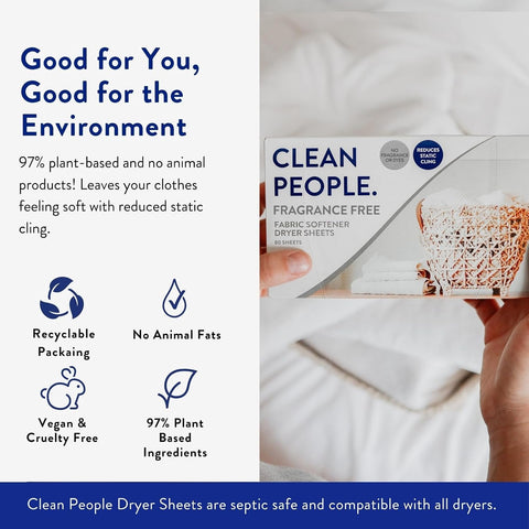 The Clean People Fabric Softener Sheets - Dryer Sheets - Softens & Removes Static Cling - Vegan Laundry Softener, Fragrance Free - Unscented, 120 Pack