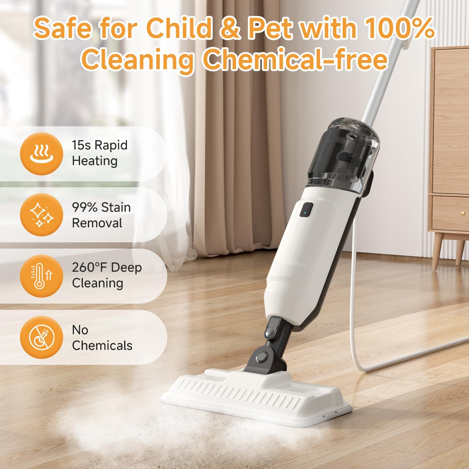 Steam Mop Cleaner 260°F Steam in 15s, 16.9oz Tank Hardwood and Tile