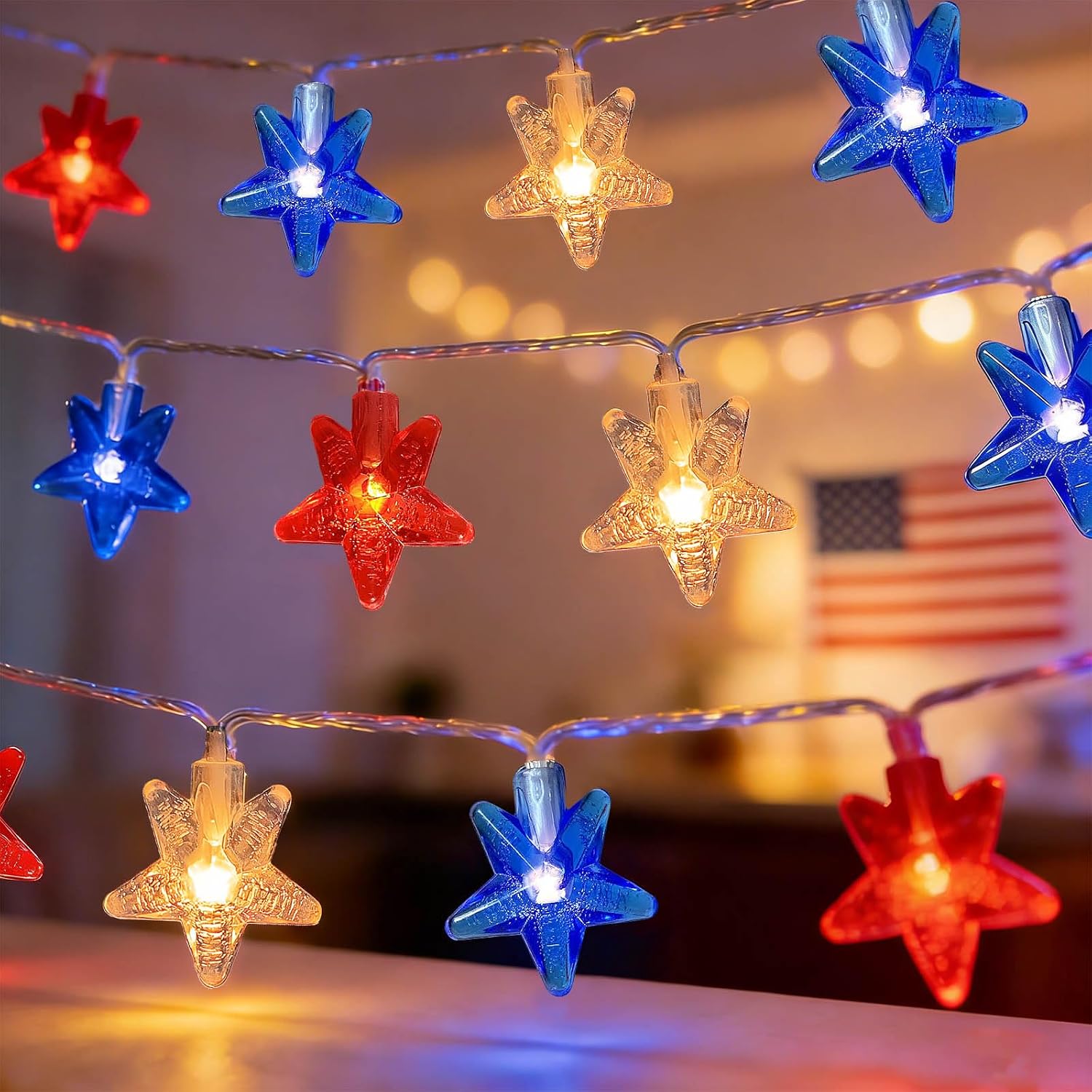 Red White Blue Patriotic String Lights 20FT 40 LED Star Fairy Lights USB and Battery Operated 2 Lighting Modes IP42 Waterproof Indoor Outdoor All Season Americana Decor for Bedroom Desk Patio Camping