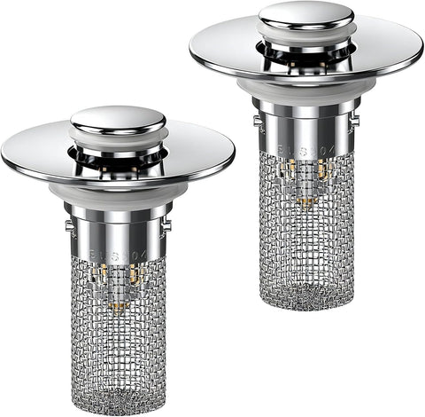 2PCS Bathroom Sink Stopper Hair Catcher, Pop Up Sink Drain Stopper with Strainer & Filter, Universal Drain Plug for Sink Drain & Replacement, Sink Drain Cover with Basket for Bathroom Stopper