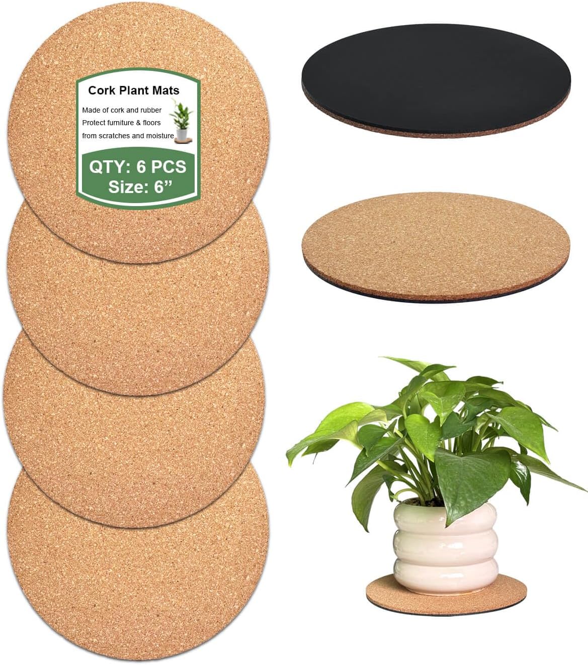 6 Inch Cork Plant Coasters, 6 Pack Round Plant Mats for Indoor Flower Pots