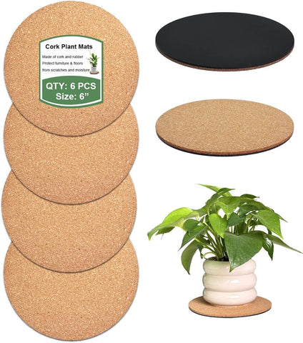6 Inch Cork Plant Coasters, 6 Pack Round Plant Mats for Indoor Flower Pots
