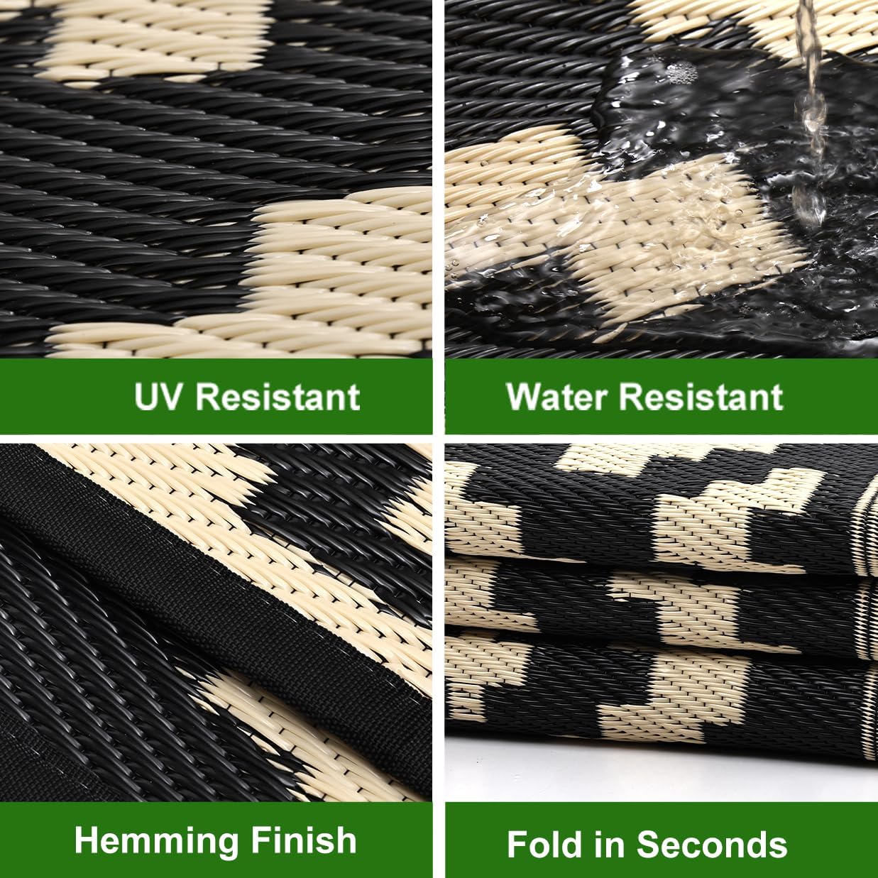 RURALITY Outdoor Rugs 5x8 Feet for Patios Clearance,Plastic Straw Waterproof Mats for Backyard,Porch,Deck,Balcony,Black&Beige