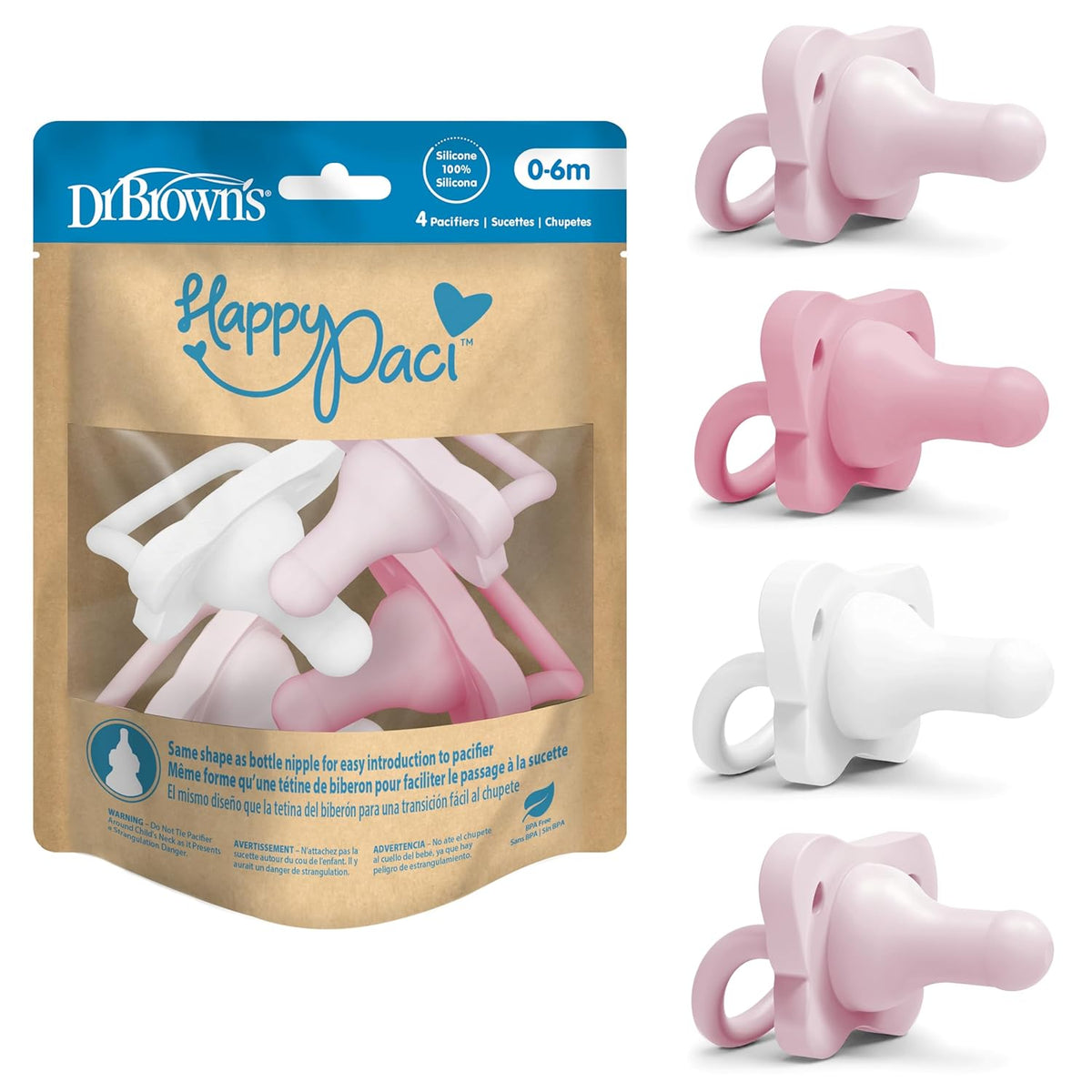 Dr. Brown's HappyPaci Silicone Pacifier, Pink and White, 0-6m, 4-Pack