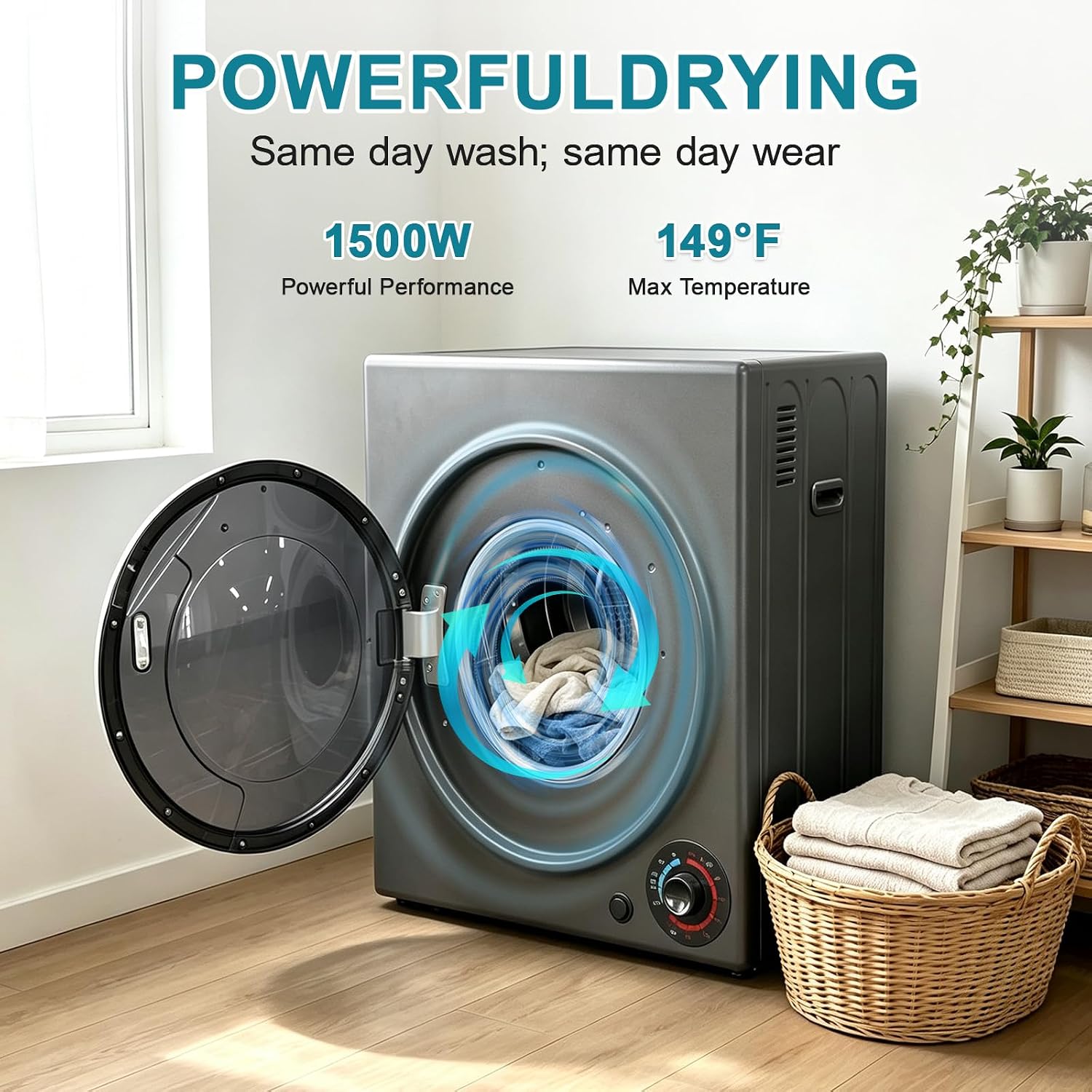 3.0 Cu.Ft Portable Dryer for Clothes, 1500W Dryer, 4 Drying Mode