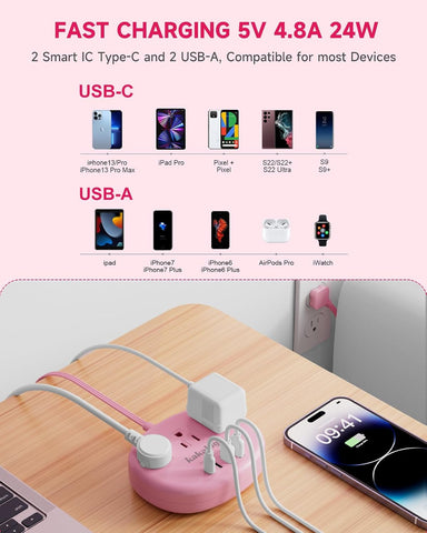 Pink Extension Cord with USB C - 5 FT Kawaii Power Strip